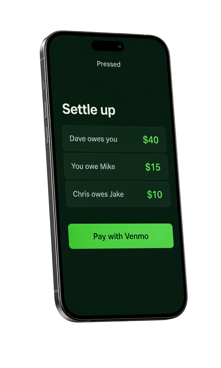 Pressed settlement screen showing Dave owes you $40 and a Pay with Venmo button